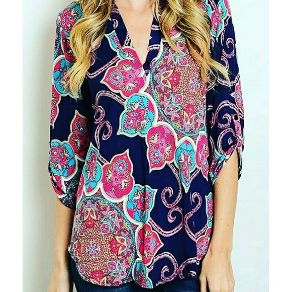Women’s Boho Navy Pink And Teal Paisley Tunic Top Size Large - Picture 2 of 8
